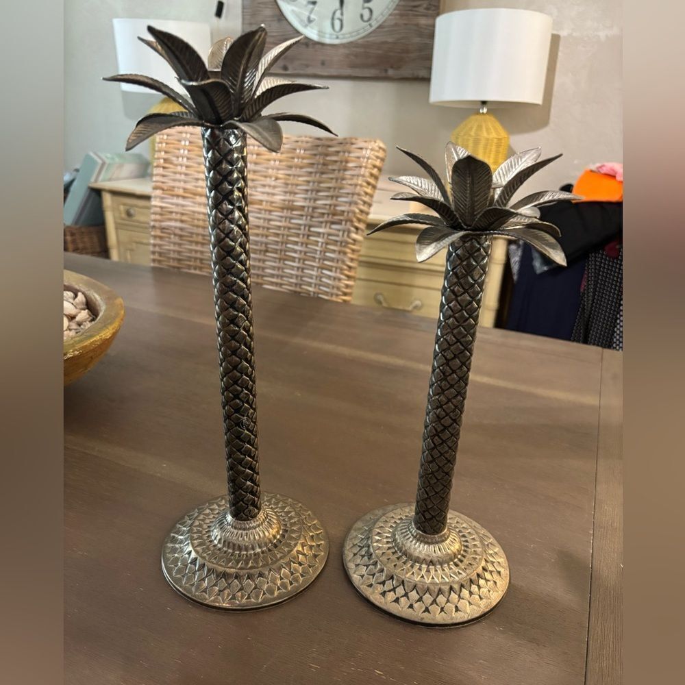 Decorative Silver Palm Beach Regency Palm Tree Candle Holders